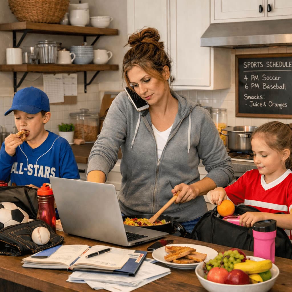 Mom juggling work and dinner while getting son and daughter ready for sports